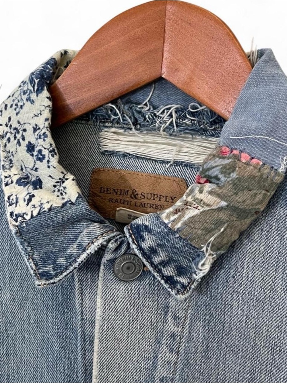 Vintage Ralph Lauren Denim & Supply Frayed Light Wash Patchwork Trucker Jacket L - Picture 3 of 9